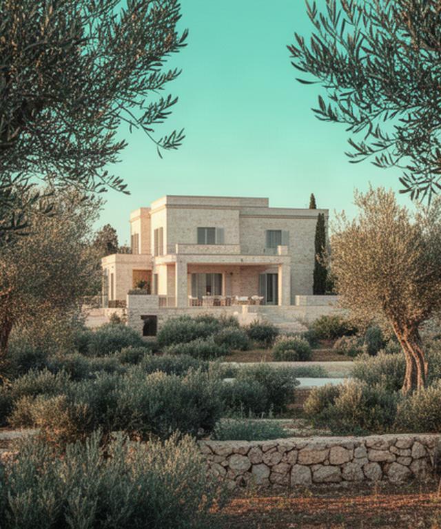 Villa pugliese in pietra chiara tra ulivi e vegetazione mediterranea