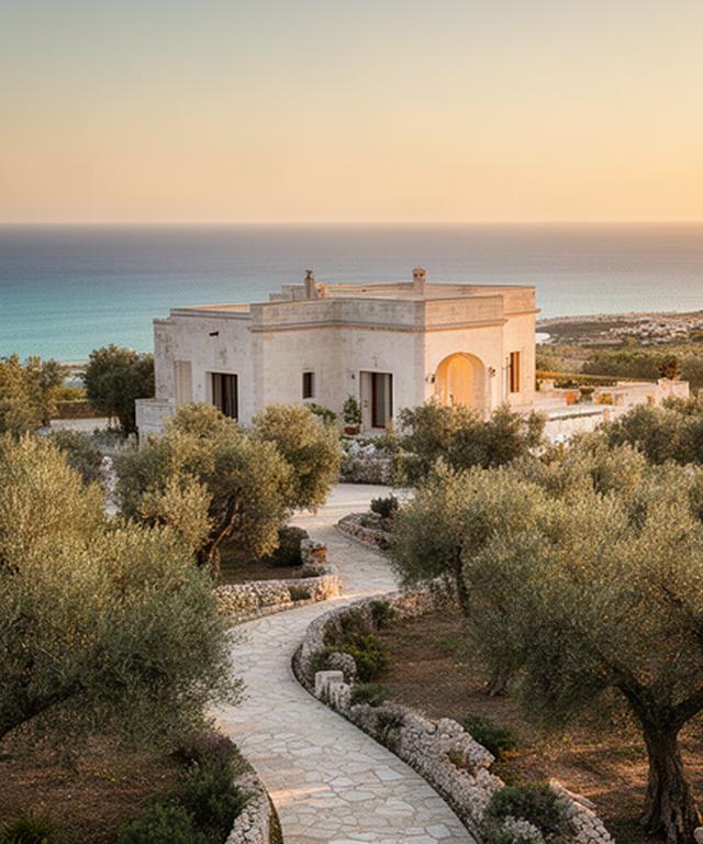 Villa pugliese in pietra chiara tra ulivi secolari e costa salentina al tramonto